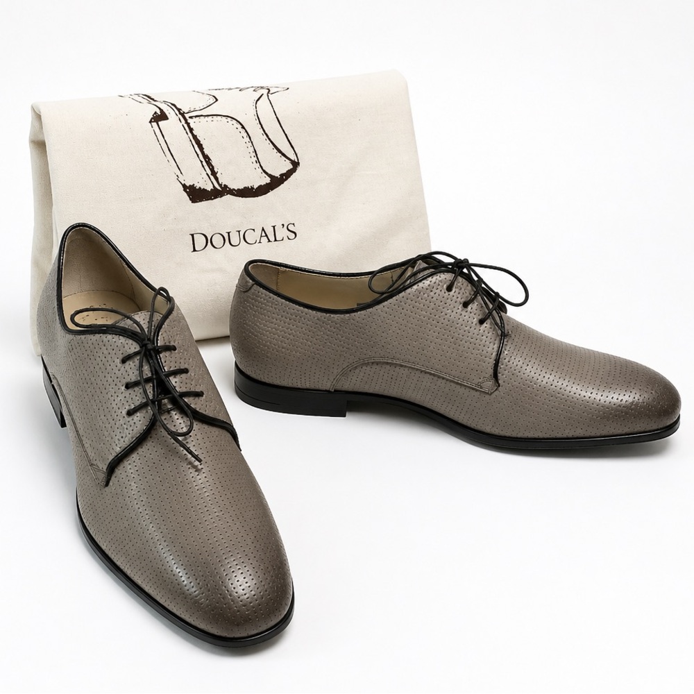 Doucal's Men’s Taupe Perforated Soft Leather Comfort Derby Shoes with Black Trim